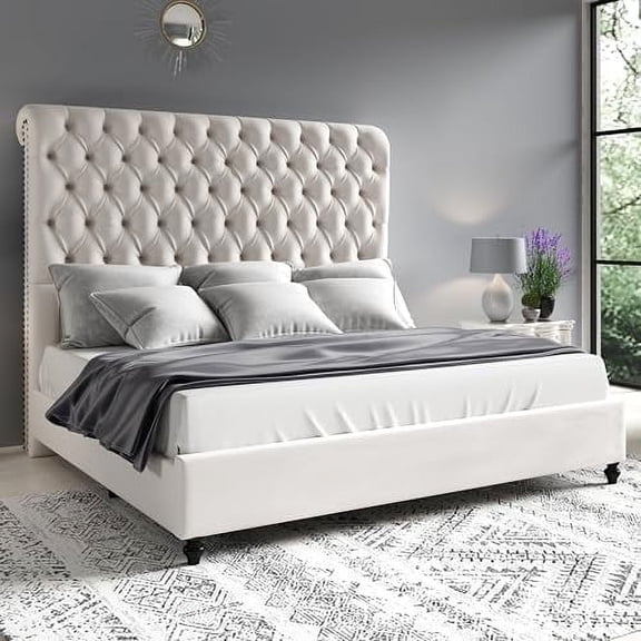 VanAcc Velvet Upholstered Platform Bed Frame with Deep Button Tufted Tall Sleigh Headboard, Cream, Queen