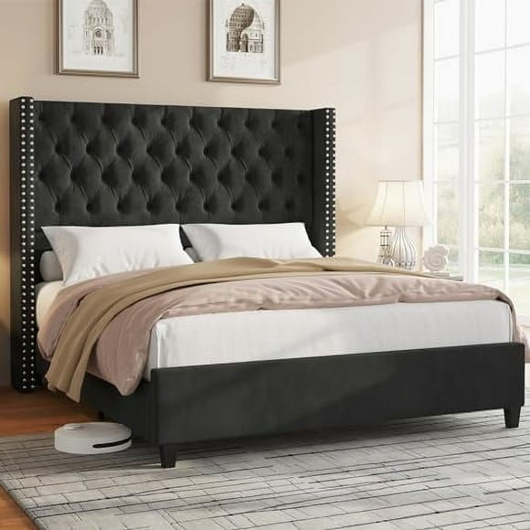 VANACC Velvet Upholstered Platform Queen Bed Frame with Deep Button Tufted Tall Wingback Headboard,Black