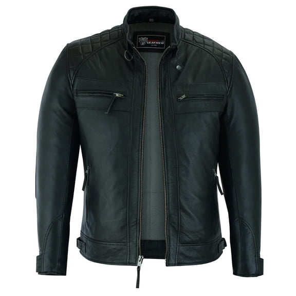 Vance Leather Men's Cafe Racer Gatsby Black Waxed Lambskin Motorcycle Leather Jacket (2X-Large)