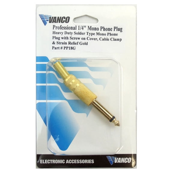 VANCO - 1/4" GOLD SHIELDED 2 CONDUCTOR MONO PHONE PLUG WITH SPRING STRAIN RELIEF