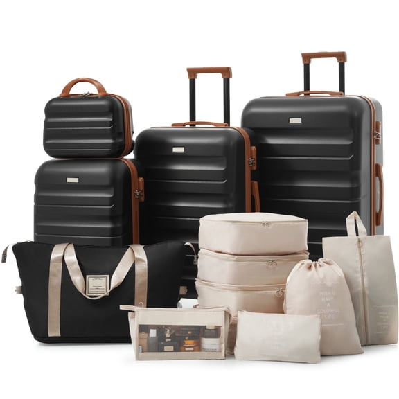 VANCORE 4 Piece Hardshell Luggage Set(12/20/24/28), ABS Hardside Suitcase Set with 9pcs Storage Bags, Dual Spinner Wheels, Carry-On & Check-In Sizes for Travel & Business, Black
