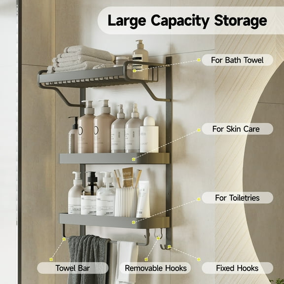 VANCORE Rustproof Bathroom Shelves Organizer Towel Rack for Storage Black Adjustable 3 Tiers Floating Shelf over the Toilet Storage with Hanging Rod