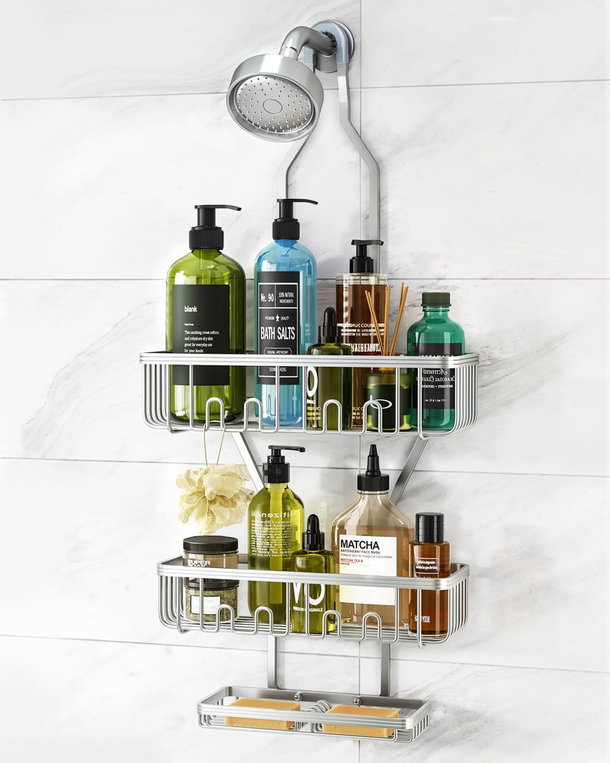 VANCORE Hanging Shower Caddy Bathroom Organizer - Over Head Long Rack for Tall Showerhead - Extra Large Shelf for Big Shampoo Bottles with Soap Holder
