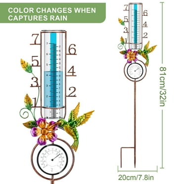 VANCORE 32" Rain Gauge Outdoor, Copper Rain Gauges Outdoor 7" Capacity with Thermometer Metal Stake, Hummingbird