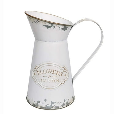VANCORE Shabby Chic Metal Flower Vase - Vintage French Country Farmhouse Vase with Handle, Rustic Decorative Pitcher for Home Decor, Weddings, and Photo Props - White