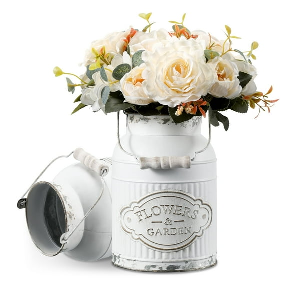 VANCORE White Vase Milk Jug Vase for Farmhouse Decor, Metal Flower Vase Rustic Jug for Artificial Flowers, Cream Pitcher Vase Vintage Shabby Chic Vase, French Bucket with Handle