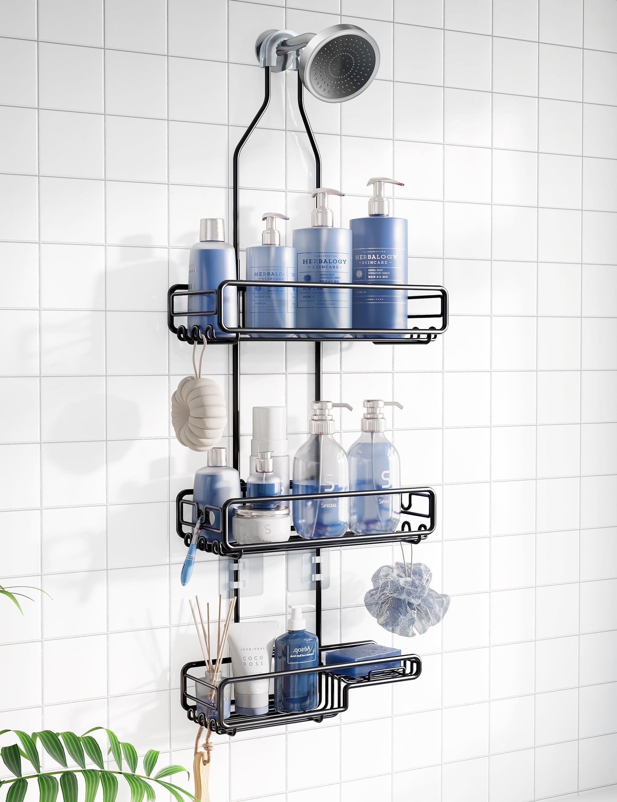 VANCORE Shower Caddy Hanging over Shower Head - Bathroom Shower Organizer Adjustable Rack for Tall Showerhead - Extra Large Storage Shelf for Big Shampoo Bottles with Soap Razor Holder