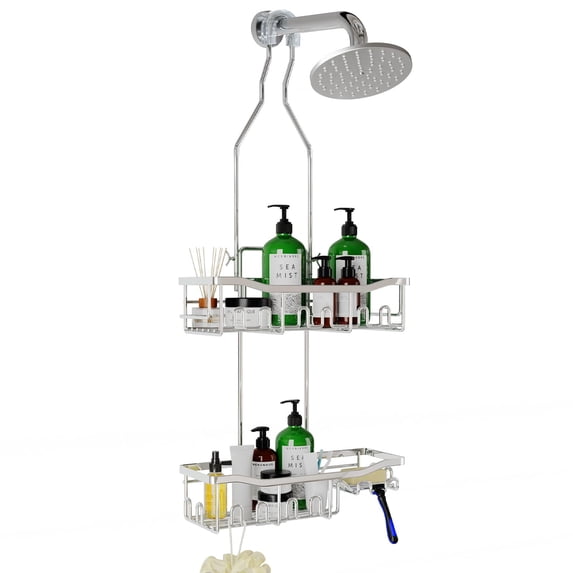 VANCORE Shower Caddy over Shower Head - Extended Length Hanging Shower Caddy Rustproof Shower Organizer with Hooks Shampoo Soap Holder - Silver