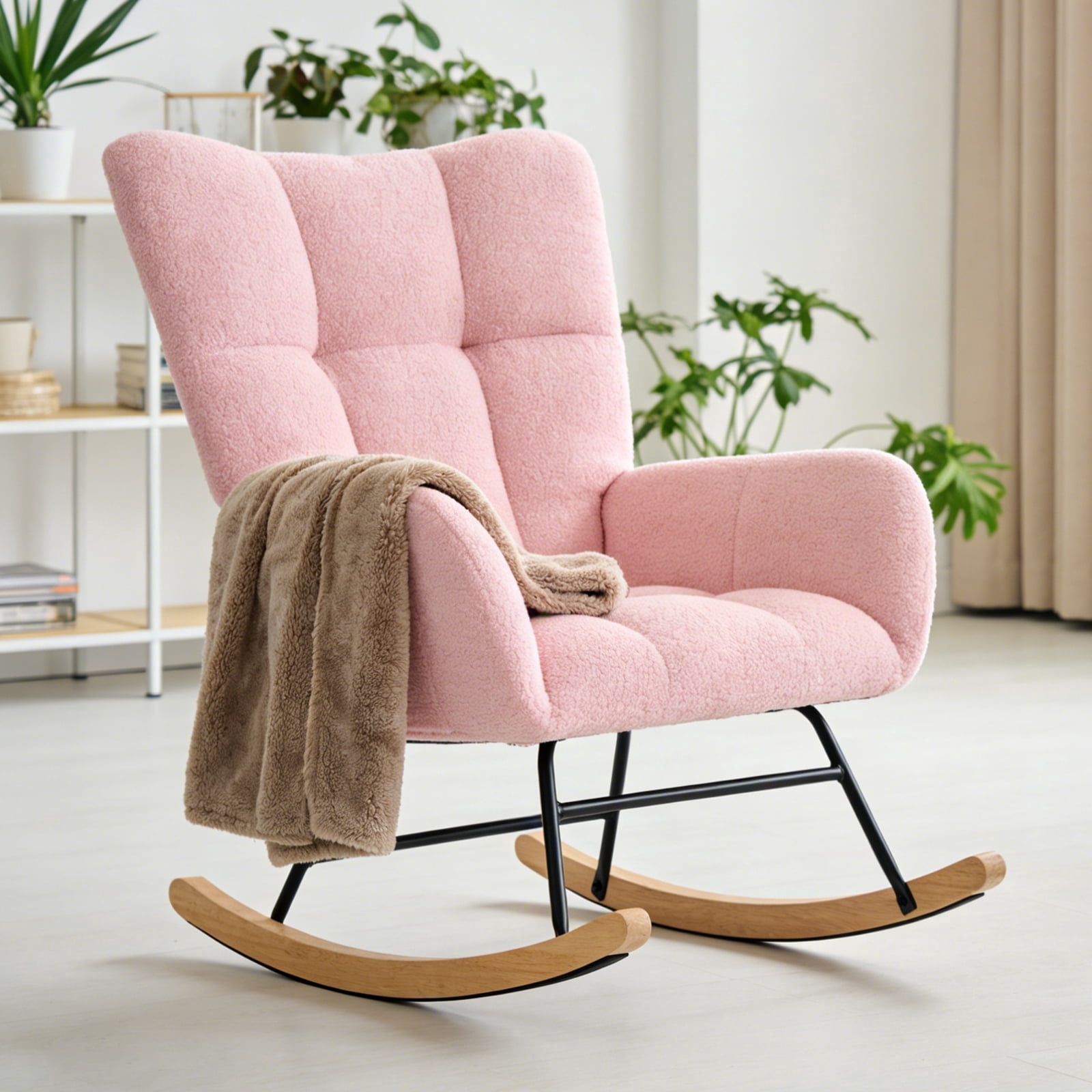 VANECL Nursery Rocking Chair Teddy Upholstered, Glider Rocker Rocking Accent Chair Padded Sea with High Backrest Armchair Comfy Side Chair for Living Room Bedroom, Pink