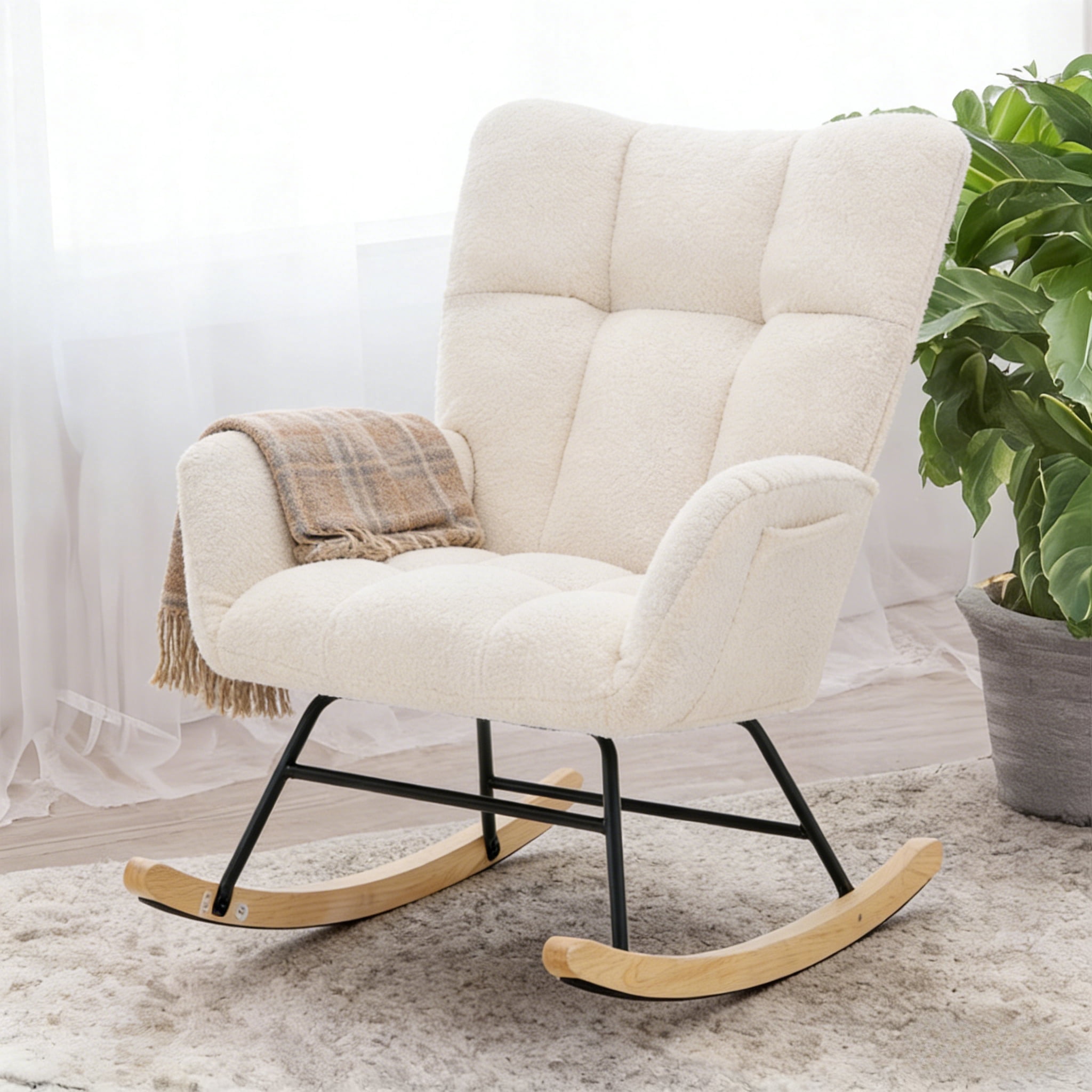 VANECL Nursery Rocking Chair Teddy Upholstered, Glider Rocker Rocking Accent Chair Padded Sea with High Backrest Armchair Comfy Side Chair for Living Room Bedroom, Beige