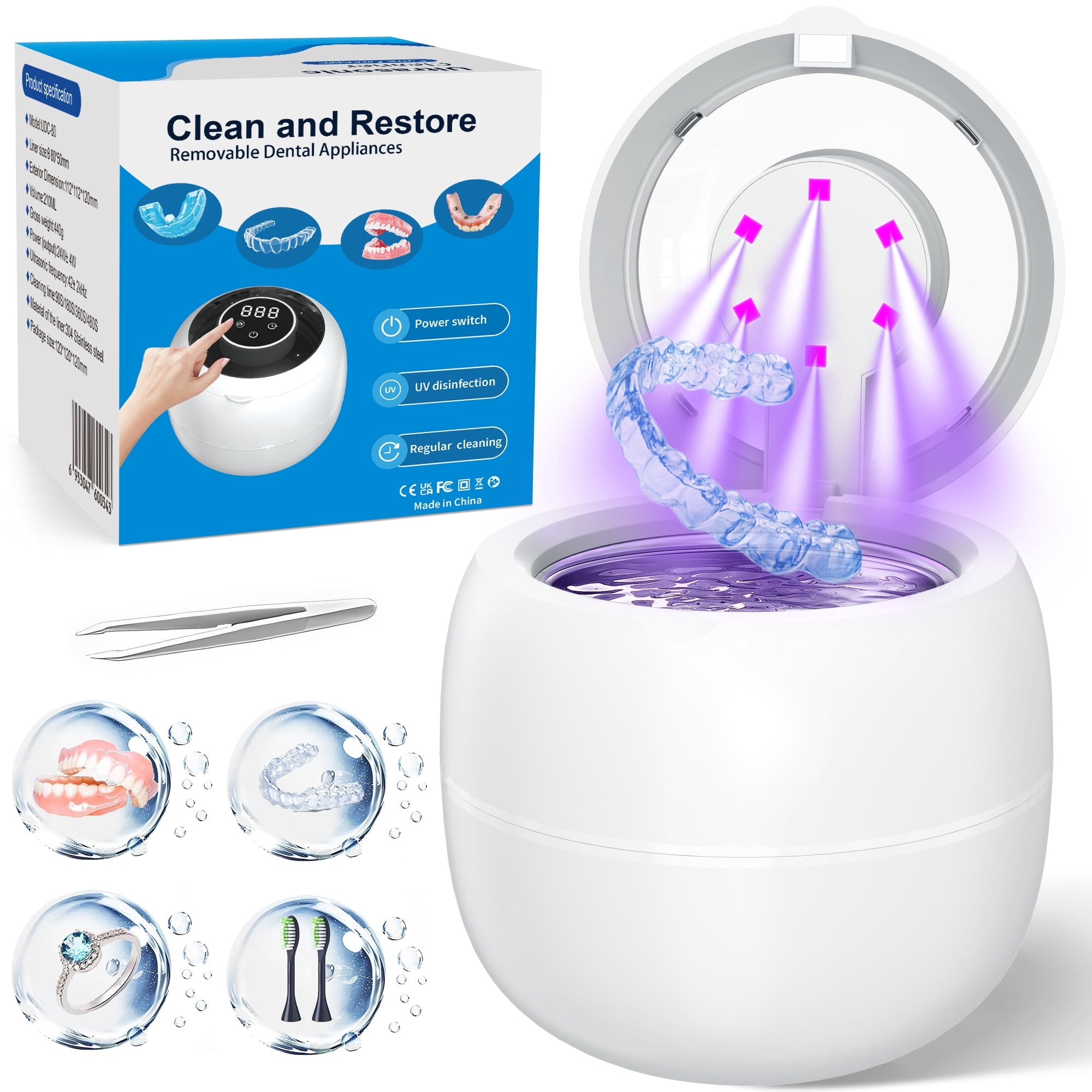 VANECL Ultrasonic Retainer Cleaner Machine,45kHz Portable Denture Cleaner with 4 Modes,210ml Digital Timer and 6 UVC for Denture Aligner,Toothbrush head,Braces,Jewelry