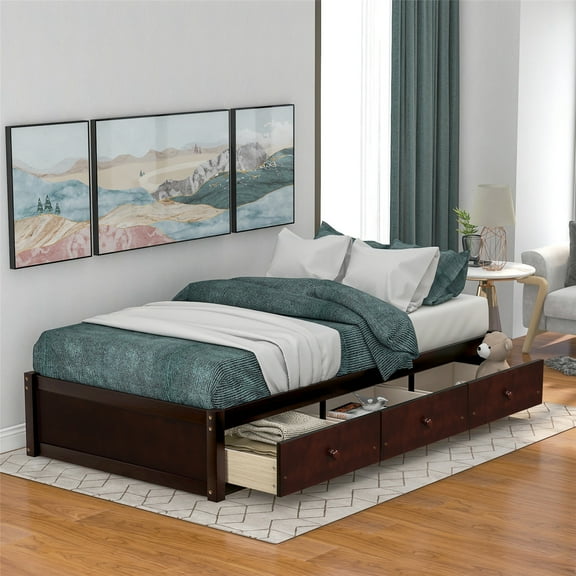 VANELC 3-Drawer Captain Storage Bed Twin (Cherry Finish)