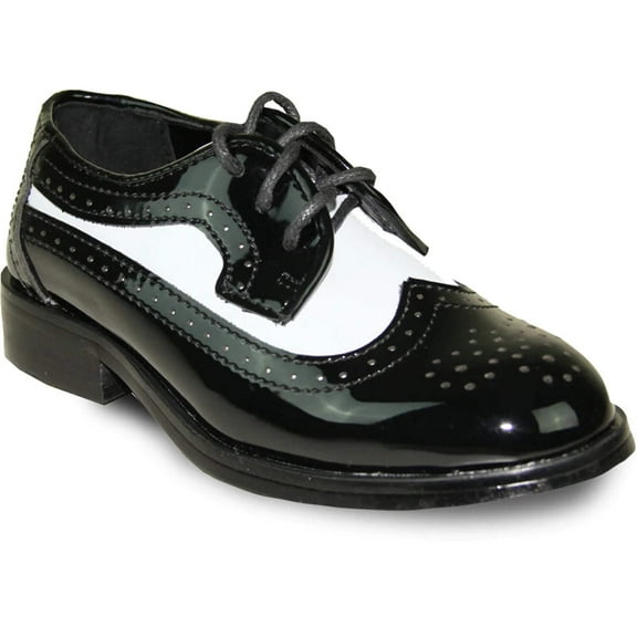 VANGELO Boy Dress Shoe TAB-3KID Oxford Formal Tuxedo for Prom Wedding Black/White Patent Two Tone