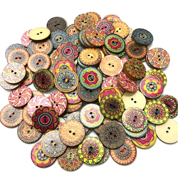 VANIDO 100pcs/Bag Round Assorted Floral Printed Wooden Decorative Buttons for DIY Sewing Crafts Color Random
