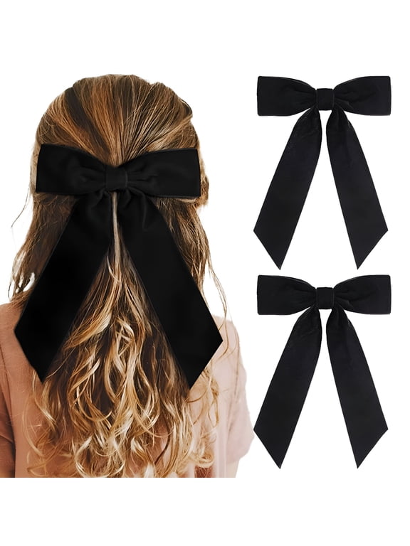 2-Pack 5 Inch Black Velvet Hair Bows with Alligator Clips, Handmade Hair Accessories for Women, Girls, and Kids