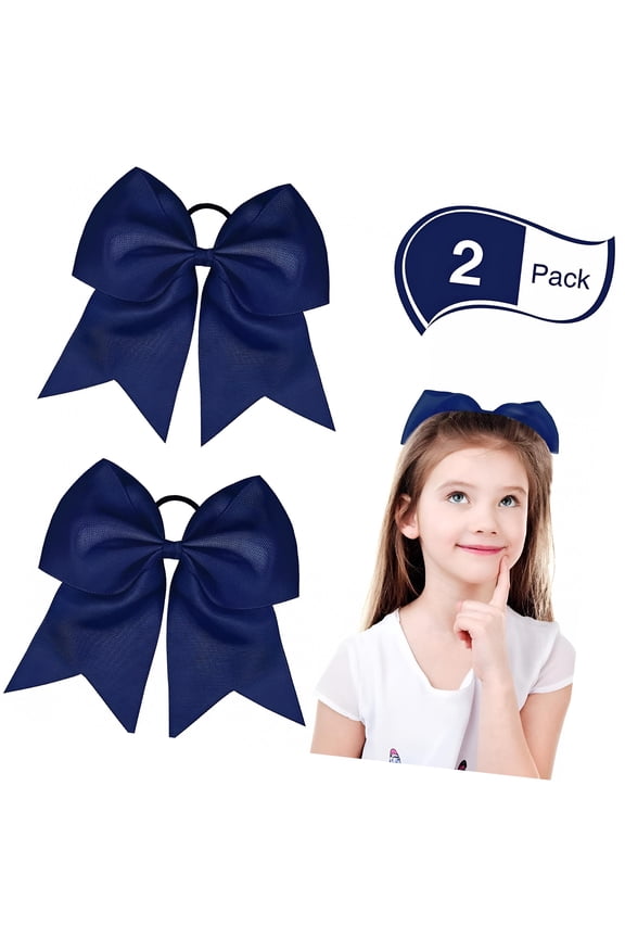 2 Packs Cheerleading Bow 8 Inch Cheer Hair Bows Large Cheerleading Hair Bows with Ponytail Holder for Teen Girls Softball Cheerleader Outfit Uniform (Navy Blue)