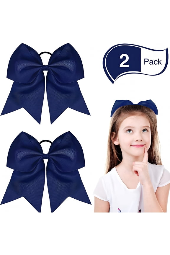 2 Packs Cheerleading Bow 8 Inch Cheer Hair Bows Large Cheerleading Hair Bows with Ponytail Holder for Teen Girls Softball Cheerleader Outfit Uniform (Navy Blue)