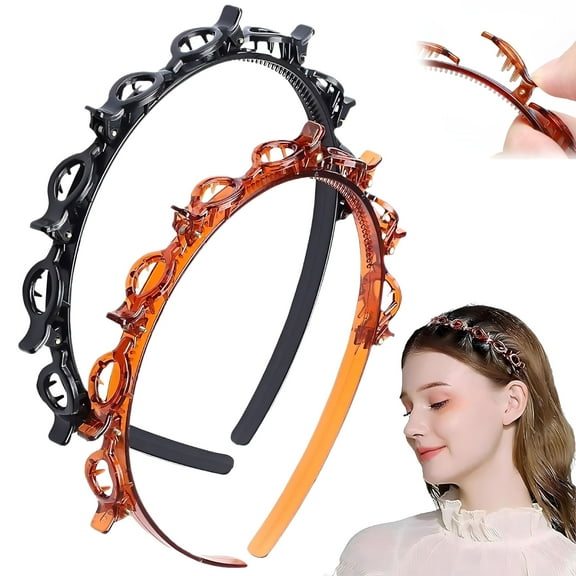 VANIDO 2 Pcs Headband with Clips, Butterfly Clip Headband, Headband with Clips Attached, Toothed Headband Braid Tool, Women Girls Fashion Hair (Black and Brown)