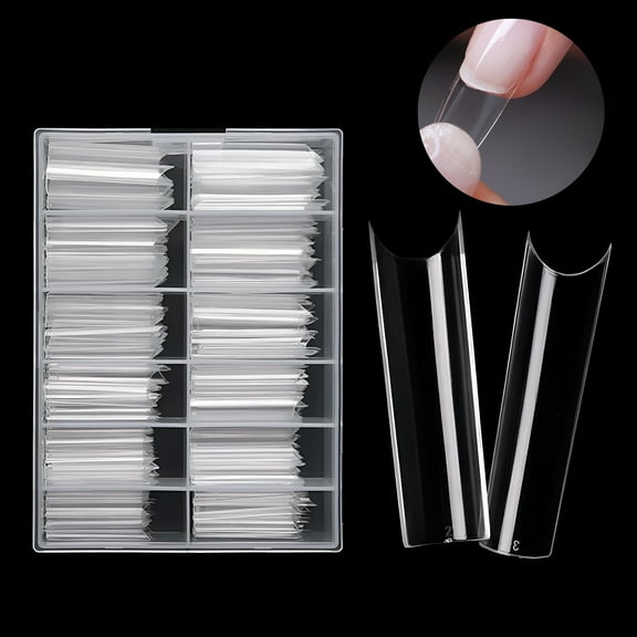 VANIDO 240 Pcs/Box Nail Tips C Curved Pipe Shaped Transparent Long Square Coffin False Nail Tips for Manicure Transparent