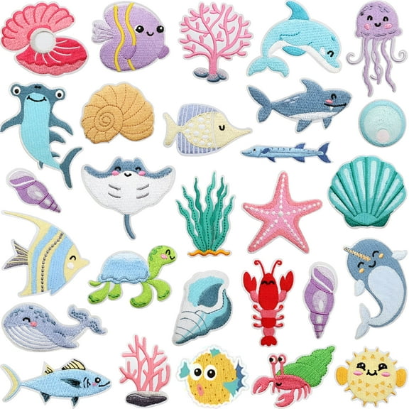 VANIDO 28pcs Ocean-Themed Iron-On Patch Set  Cute Sea Animal Embroidered Appliques for DIY Crafts,Kids Backpacks,Clothing & Accessories