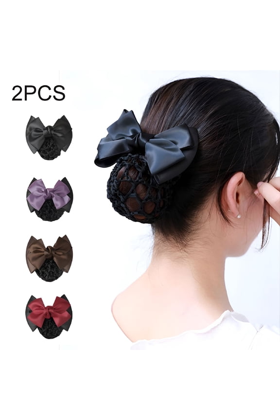 2PCS Bowknot Snood Net Barrette Hair Clip Bun Cover Hairnet Lace Bow Decor for Woman