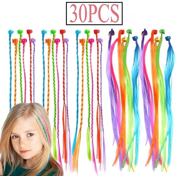 TUWAFE 30 Pcs Kids Clip-On Hair Extensions, Multicolor Nylon Party Favors with Clips, Fun Hair Accessories for Girls