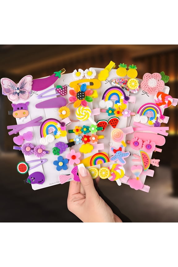 42Pcs Baby Girl's Hair Clips, Cute Hair Accessories, Colorful Flower, Fruit, Rainbow, Dessert Patterns Barrettes for Teens, Toddlers
