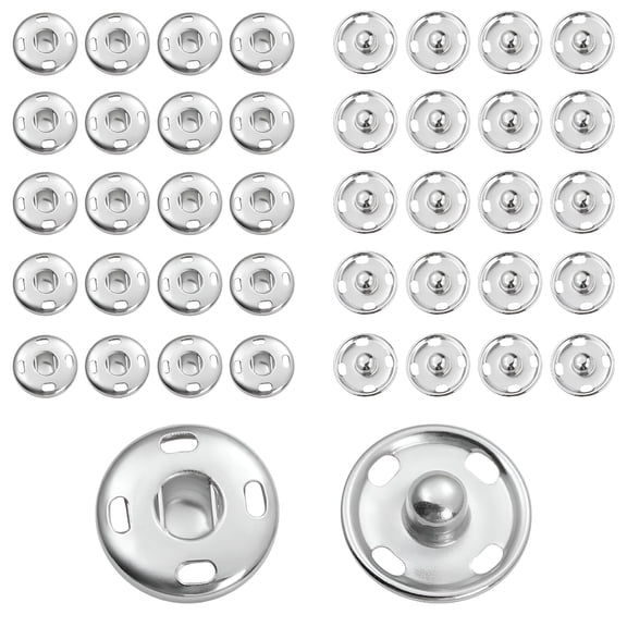 VANIDO 50 Sets Sew On Snaps Buttons Metal Snaps Fasteners Press Studs Buttons 2 Parts Brass Press Fasteners Round DIY Craft Accessory (15mm-Silver)