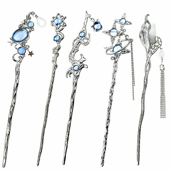 VANIDO 5PCS Star Moon Hair Sticks for Buns Long Hair Chinese Hanfu Asian Vintage Hair Chopsticks Metal Silver Hair Bun Updo Holders Long Hairpins for Women Girls