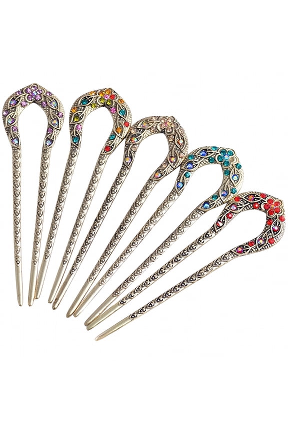 5Pcs Metal U Shaped Hairpins Double Prong Hair Forks Sticks with Rhinestone