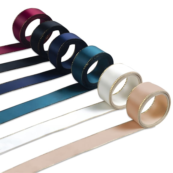 VANIDO 6 Colors Satin Ribbon with Gold Edge,0.9in x 5.5Yd Per Roll,Double Faced Fabric Silk Satin Ribbon for Gift Wrapping,Flower Bouquet,Crafts,Hair Bow,Wedding Invitation