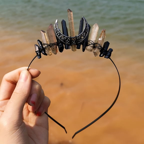 VANIDO Amethyst Crystal Crown Headband Raw Quartz Tiara Moon Goddess Bridal Headpiece for Festival Wedding Party Photog (black--brown)