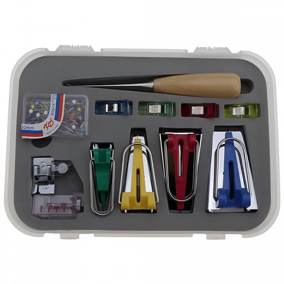 VANIDO Bias Tape Maker,4 Sizes 6MM/12MM/18MM/25MM Bias Maker Kits with Instruction,Binding Foot,Awl,Clips,Bead Needles for Quiltmaking and Fabric Fold Bias Strips