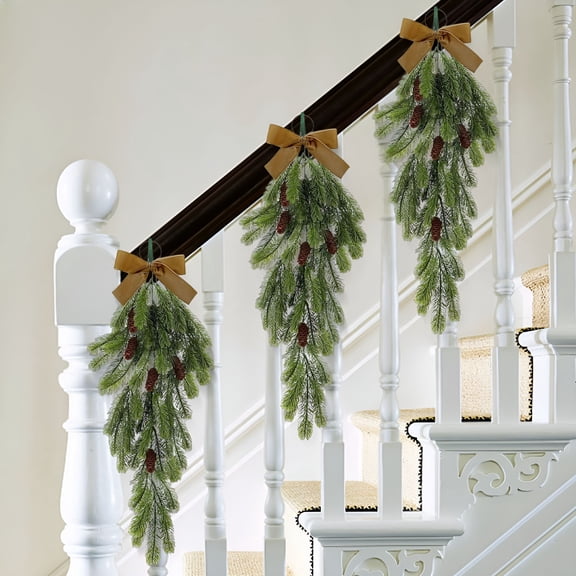 VANIDO Christmas Garland for Stairs, Christmas Decoration - Christmas Teardrop Garlands Winter Needles Swag with Cones Velvet Bow Artificial Christmas Hanging Garland