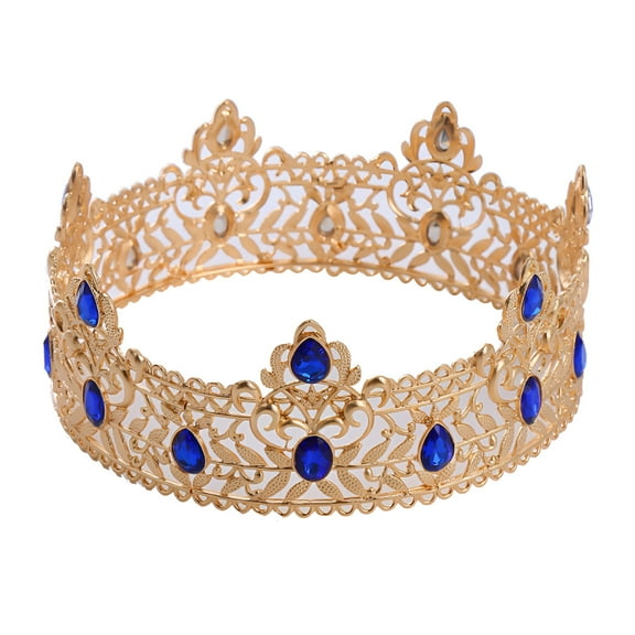 VANIDO Gold King Crowns with Blue Rhinestone Crowns and Tiara Adults Royal Round Crown and Tiara Metal Prom King Party Hats Birthday Cosplay Decoration for Men