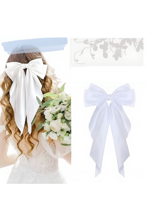 Hair Bows For Women Bride Wedding White Silk Ribbon Oversized Bow Hair Clips With Long Tails Vintage Hair Accessories For Girls Bridal