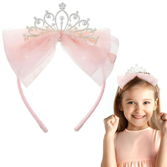 VANIDO Princess Crowns for Little Girls, Glitter Toddler Tiara Tulle Headband with Bow, Fairy Princess Crown Rhinestone Thin Hairband, Cute Pink Hair Accessories for Birthday Graduation Costume