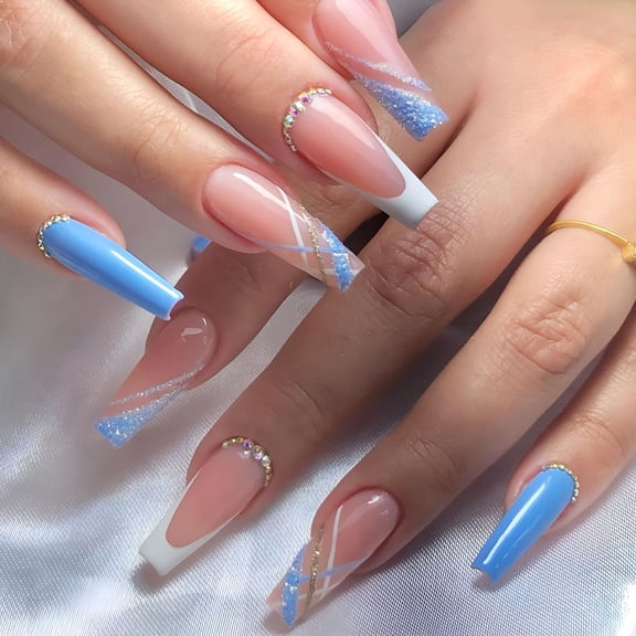 VANIDO White French Tips Long Coffin Press on Nails with Sparkly Curve Line Design, Glossy Blue Glitter False Nails Gel Glue on Nails, Rhinestones Acrylic Fake Nails Stick on Nails for Girls