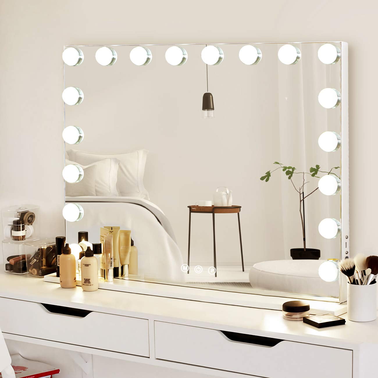 Fenchilin 23''x19'' Hollywood Vanity Mirror with Lights Bluetooth Tabletop  Wall Mount Metal White