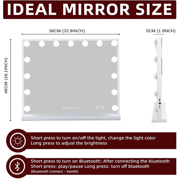 VANITII Vanity Hollywood Mirror with Lights Speaker USB Charging Lighted Makeup Mirror with Bulbs 3 Lighting Modes and Desktop Light up Mirror for Bedroom Dressing Room