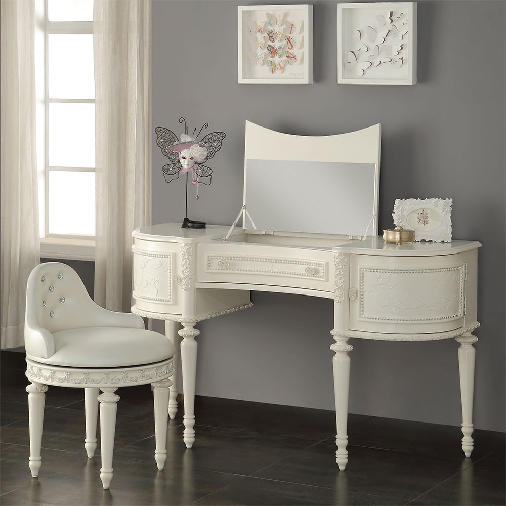 Ivory Pine Wood Vanity Desk with Mirror and Floral Trim