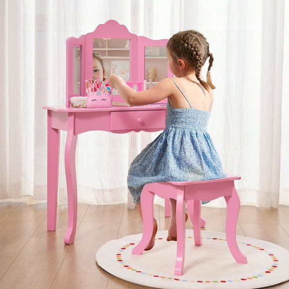 Your Zone Kids Wooden Vanity Table And Stool Set With 3 Mirrors,Pink,3 Year Old Up