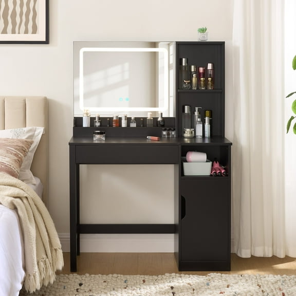 Mainstays Get Ready with Me GRWM Right Vanity Table with Lighted Mirror and Storage, Black Finish