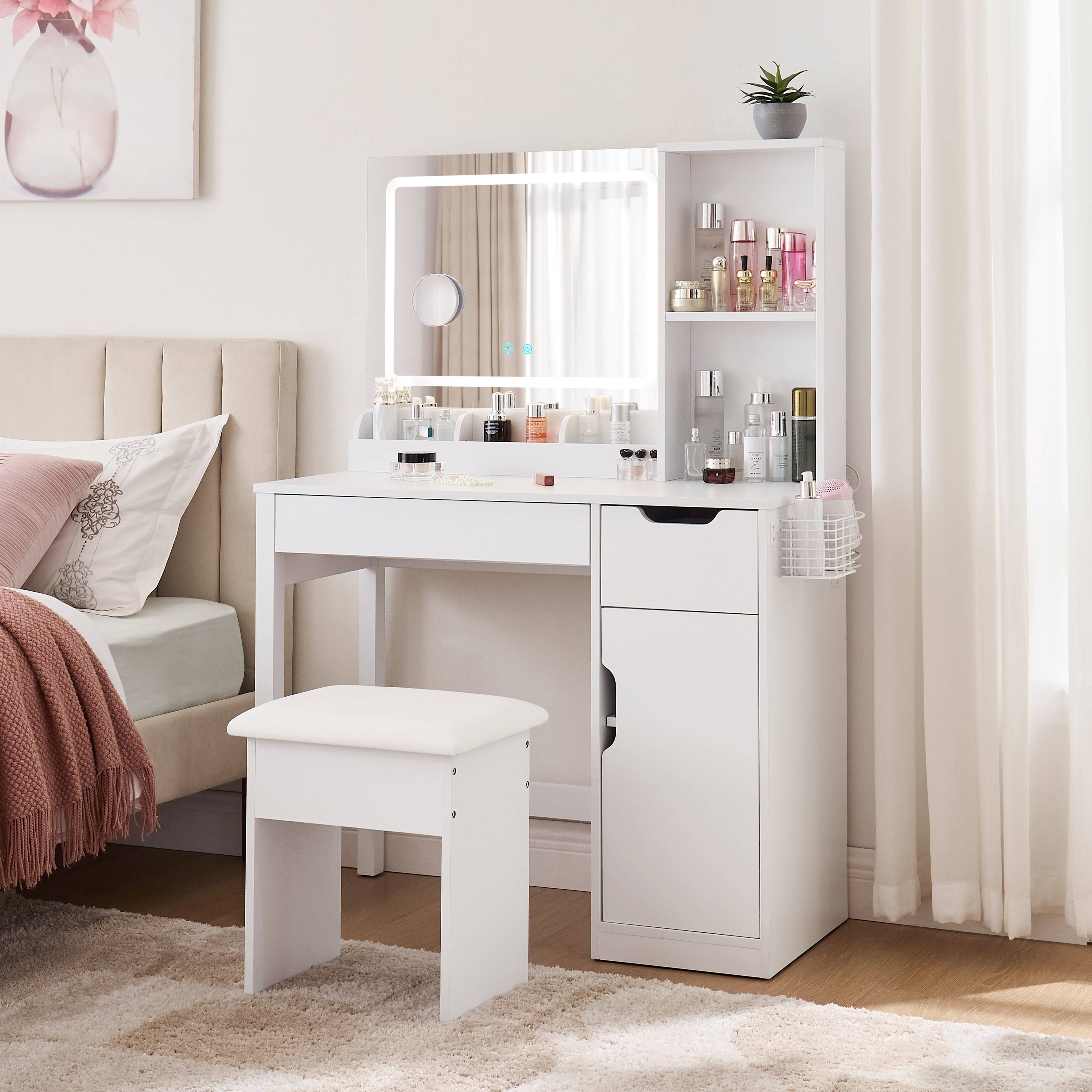 Mainstays Get Ready with Me Deluxe 2-Piece Vanity and Stool with Lighted Mirror and USB Power, White