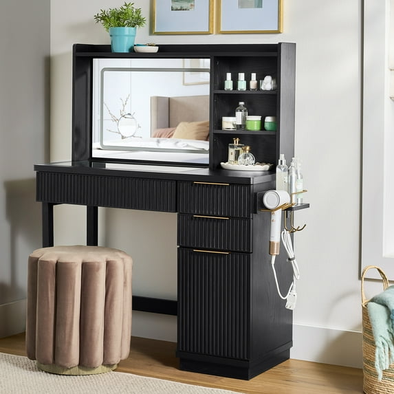 Better Homes & Gardens Lillian Vanity Desk with LED Mirror, Rich Black Finish