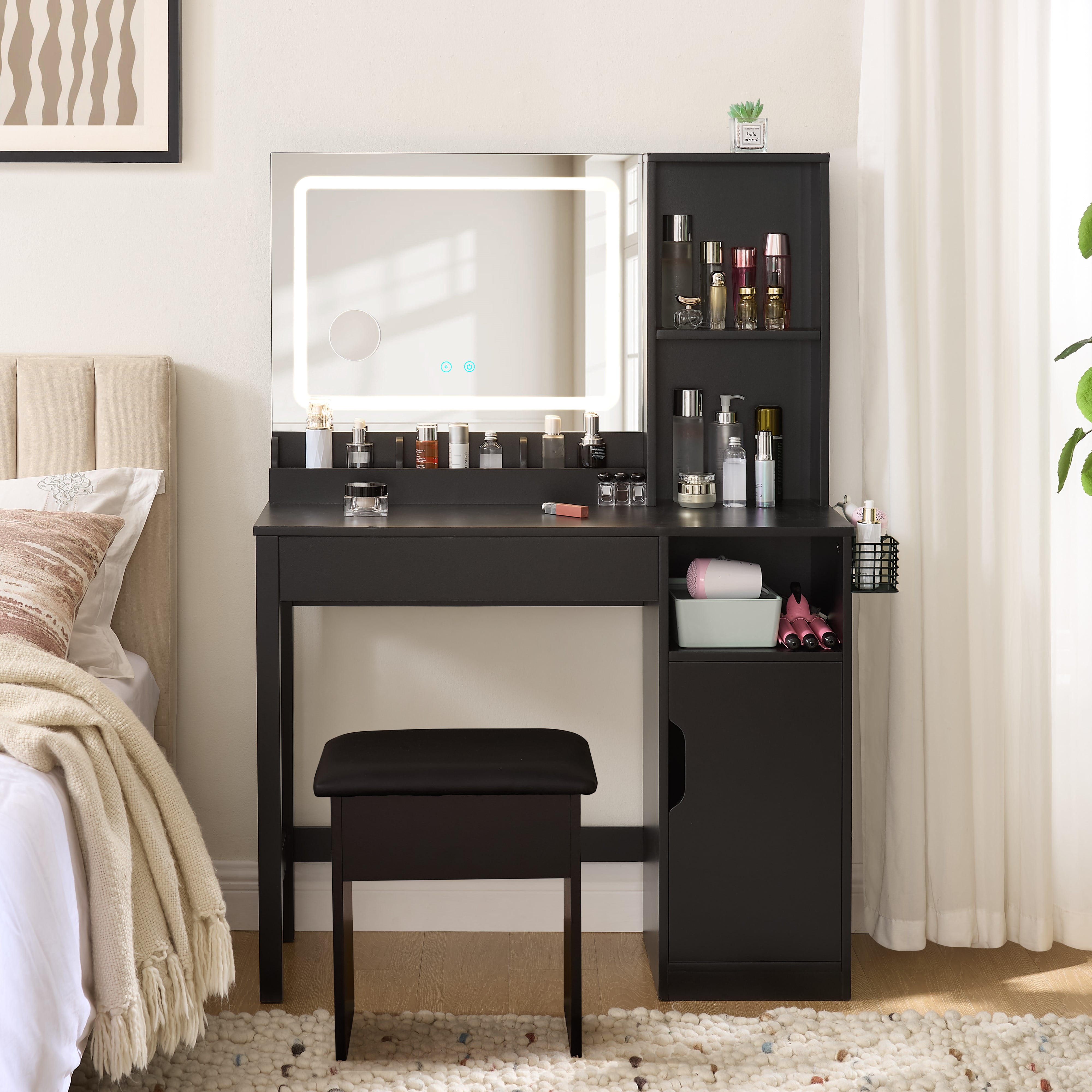 Mainstays Get Ready With Me GRWM Deluxe 2-Piece Right Vanity and Stool with Lighted Mirror and USB Power, Black Finish