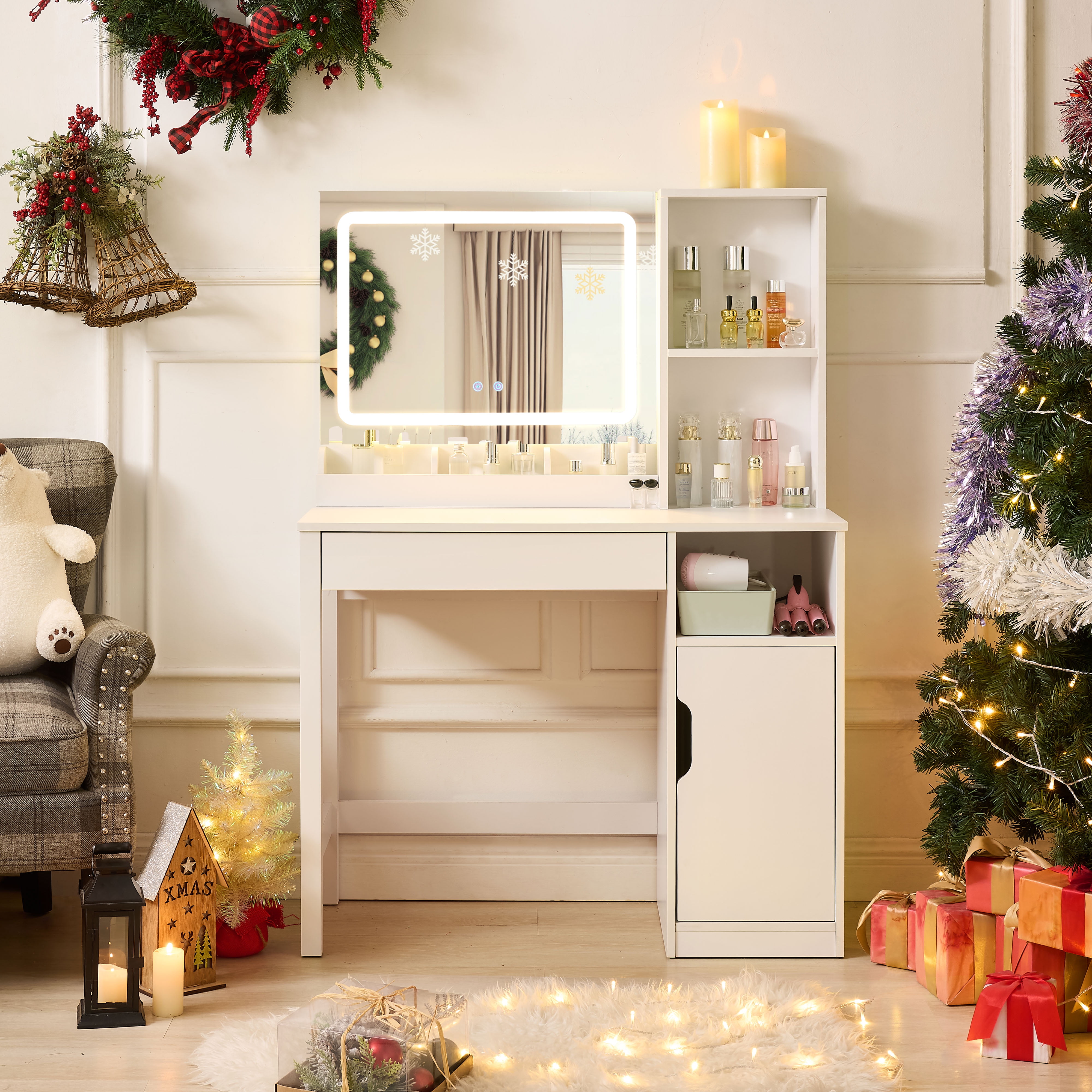 Mainstays Get Ready with Me GRWM Vanity Table with Lighted Mirror and Storage, White Finish - Walmart.com