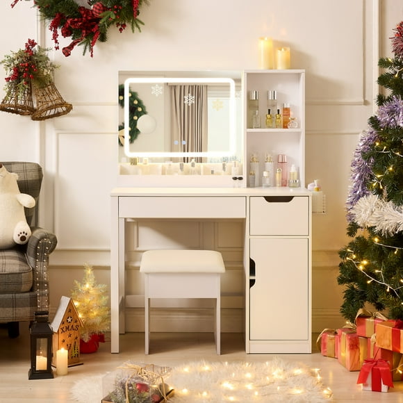 Mainstays Get Ready with Me GRWM Deluxe 2-Piece Vanity and Stool with Lighted Mirror and USB Power, White Finish