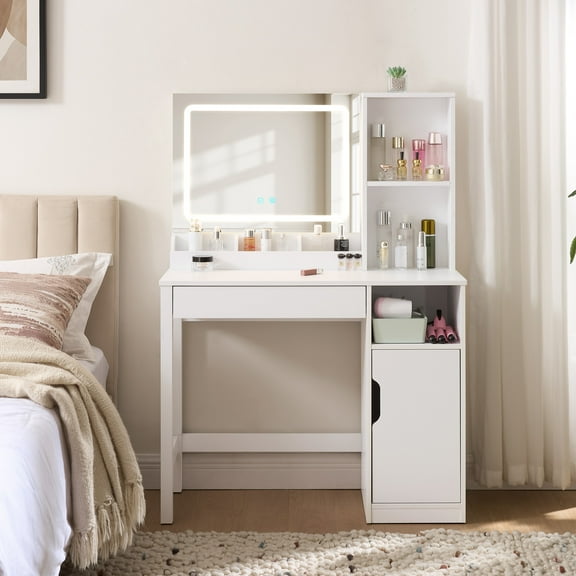 Mainstays Get Ready with Me GRWM Right Vanity Table with Lighted Mirror and Storage, White Finish