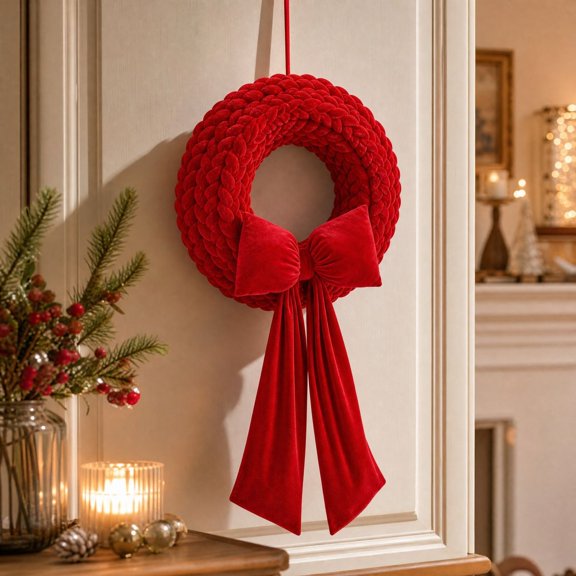 VANLOFE 11.81 Inch Christmas Wreath, Bow Detail Hanging Door Decor, Christmas Gift for Framing a Seasonal Entry or Living Room Wall, Wrapped Circular Ring with Long Decorative Bow Tails